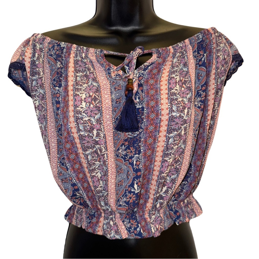 ‘Rewind’ boho purple and pink off-the-shoulder short-sleeved blouse - size S